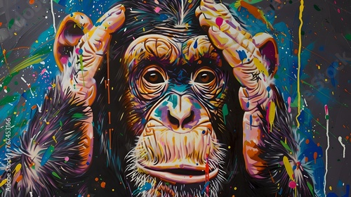 Vibrant chimpanzee portrait in urban style. Colorful street art of thoughtful primate. Expressive animal graffiti artwork. Perfect for modern decor and funky themes. AI