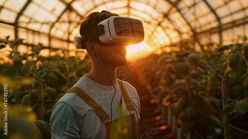 Greenhouse worker wearing VR glasses while managing plant growth
