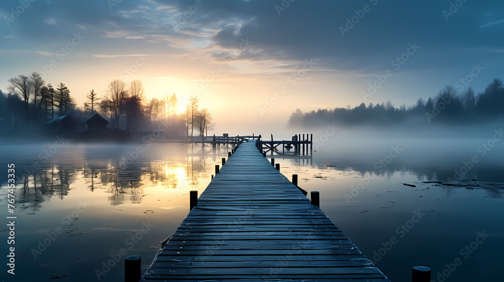 Mid shot of minimalist pier extending into lake Mid shot of minimalist pier extending into lake