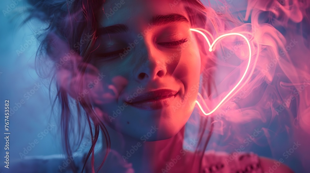 Smiling Woman with Glowing Neon Heart, Dreamy Portrait in Pink and Blue Hues. Modern Art Style Image for Design. AI