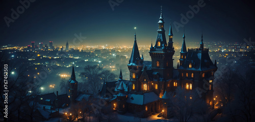 Magical dark fairy tale night in the winter an old house with towers at night with glowing lights and fog and flying particles.