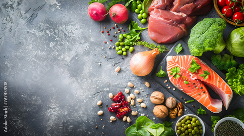 Wide Range of Fresh Foods on a Dark Background in the Style of Paleocore photo