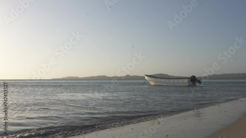 Tranquil Beauty: Serene Beach Scene with Passing Boat