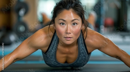 Asian woman showcasing strength in dynamic workout poses against studio background