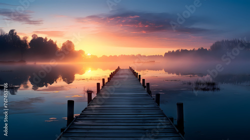 Mid shot of minimalist pier extending into lake