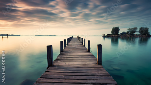 Mid shot of minimalist pier extending into lake