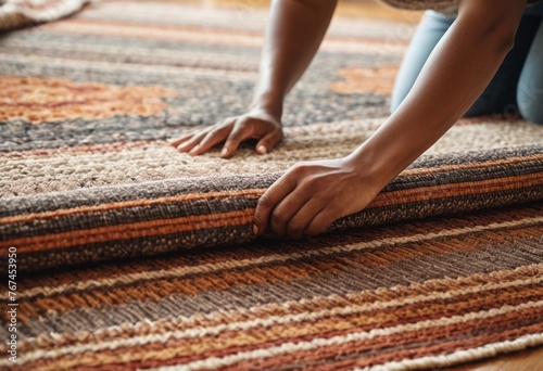 A woman straightens a rug in her living room. She ensures everything in her cozy home is perfect. photo