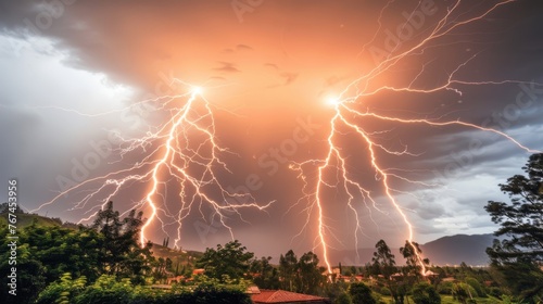  a large group of lightning strikes in the sky above a tree covered hillside with a house in the foreground.