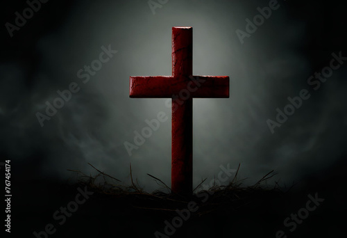 Red cross on dark background, perfect for Good Friday wishes post, poster, banner, or social media with copy space.
