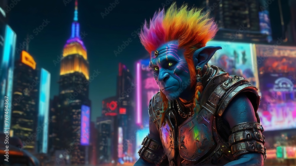 A dazzling futuristic troll, its rainbow-hued hair glinting with cybernetic enhancements and holographic tattoos, poses against a backdrop of neon city lights and floating digital displays. The image,