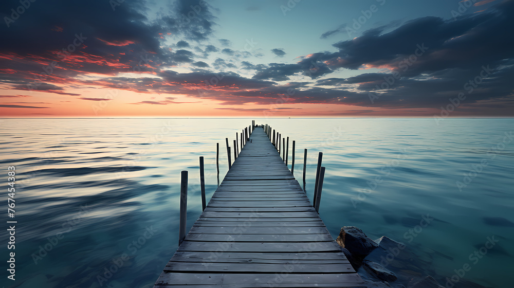 Obraz premium Mid shot of minimalist pier extending into lake