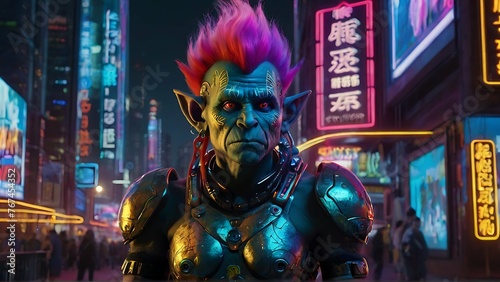 A dazzling futuristic troll, its rainbow-hued hair glinting with cybernetic enhancements and holographic tattoos, poses against a backdrop of neon city lights and floating digital displays. The image,