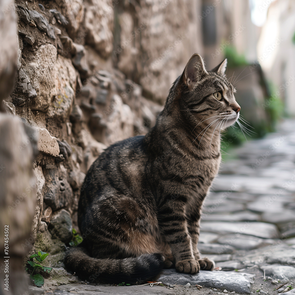 Tabby Cat Sitting on Cobblestone Street in Historic Alley Tabby Cat Sitting on Cobblestone Street in Historic Alley