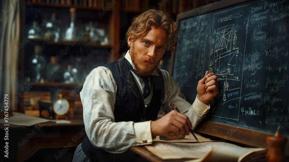 Veteran scientist meticulously works on solving advanced physics equations on a chalkboard, surrounded by vintage books and notes, reflecting deep intellectual pursuit