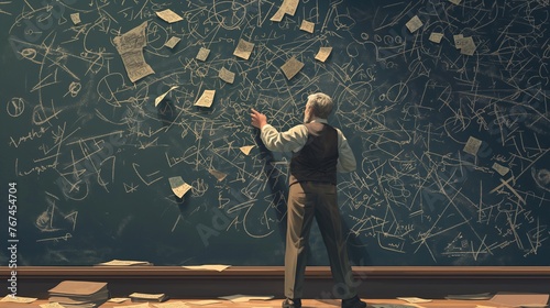 Veteran scientist meticulously works on solving advanced physics equations on a chalkboard, surrounded by vintage books and notes, reflecting deep intellectual pursuit photo