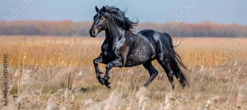 Majestic horse gracefully galloping in a vast, lush, and picturesque green field