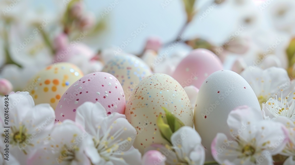 Colorful speckled Easter eggs among white cherry blossoms. Vibrant Easter celebration with eggs and blossoms.