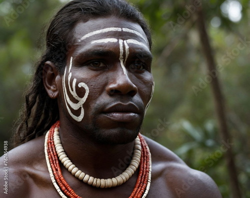 An aboriginal native of a tribe. A representative of an ancient native civilization. Portrait of a dark-skinned man in a national cultural image from the past. The cultural heritage of the ancestors.