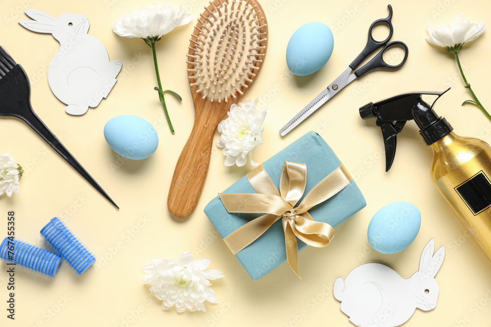 Composition with hairdresser's supplies, Easter eggs and decor on color background Composition with hairdresser's supplies, Easter eggs and decor on color background