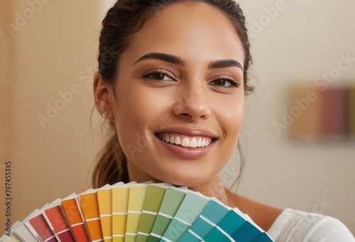 A woman examines a range of paint samples. She looks thoughtful and engaged in her decision-making.
