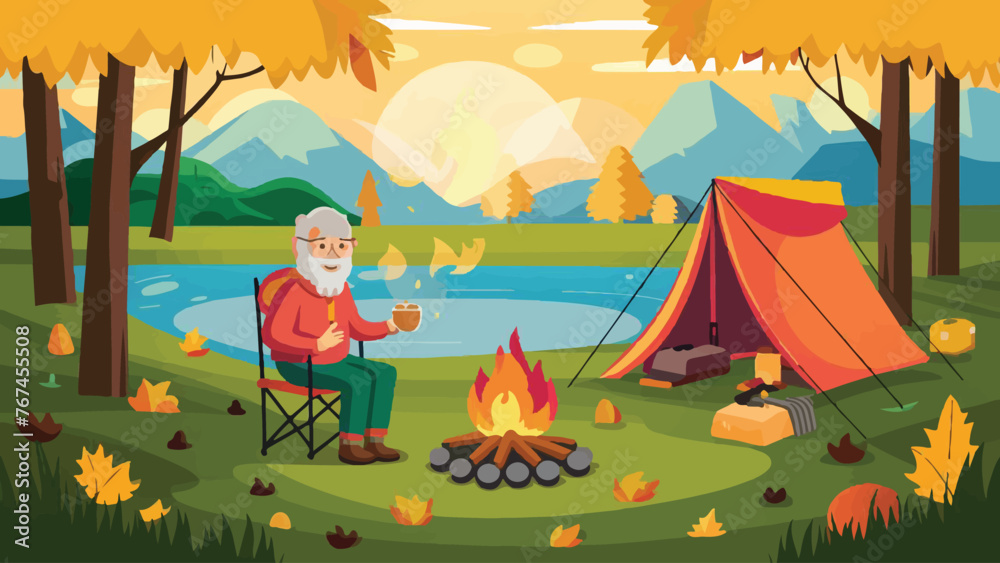 Cozy Autumn Retreat: Senior Camper Enjoying Tea by the Pond - Vector Illustration for Outdoor Enthusiasts and Adventure Seekers