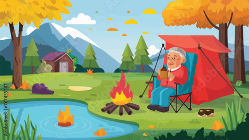 Cozy Autumn Retreat  Senior Camper Enjoying Tea by the Pond - Vector Illustration for Outdoor Enthusiasts and Adventure Seekers