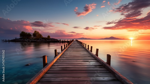 Mid shot of minimalist pier extending into lake © xuan