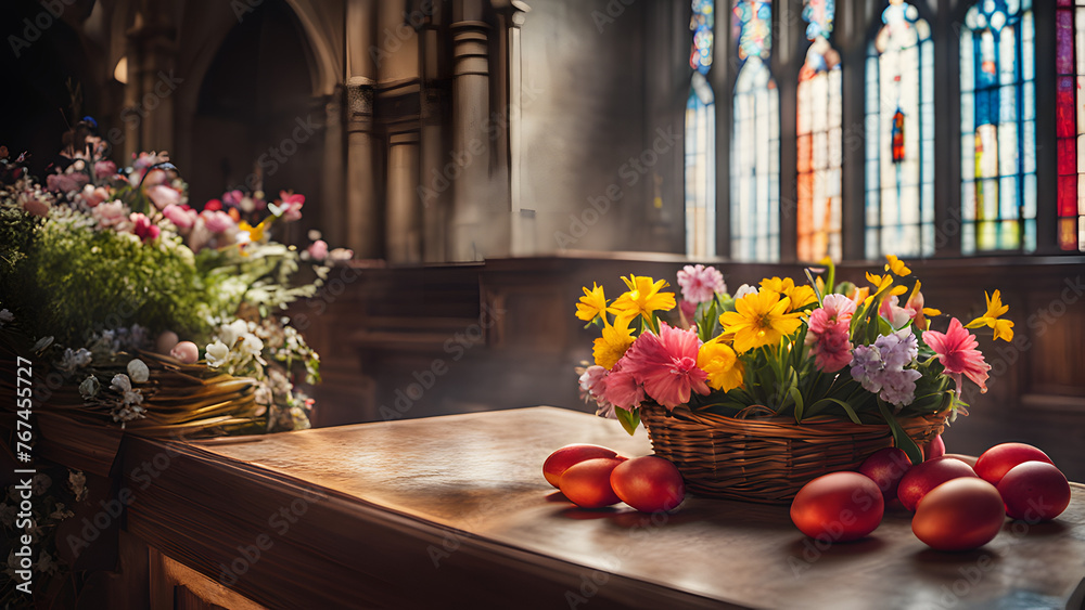 Easter Basket, Colorful Eggs and Floral Decor Illuminated by Contoured Light, Against Blurred Background of Beautiful Church with Stained Glass Windows - Springtime Radiance