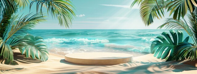 Beach podium summer background sand product 3D sea display platform. Beach podium summer banner stand scene sale sky holiday vacation stage water island sun travel pedestal promotion presentation ad.