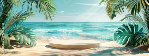Beach podium summer background sand product 3D sea display platform. Beach podium summer banner stand scene sale sky holiday vacation stage water island sun travel pedestal promotion presentation ad. photo