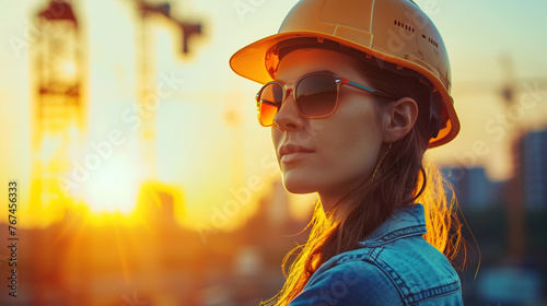 Woman Construction Site Manager in Safety Helmet Overseeing Work on Blurred Background standing in Uniform 