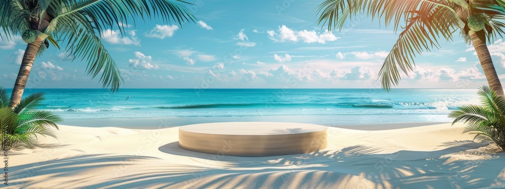 Fototapeta premium Beach podium summer background sand product 3D sea display platform. Beach podium summer banner stand scene sale sky holiday vacation stage water island sun travel pedestal promotion presentation ad.