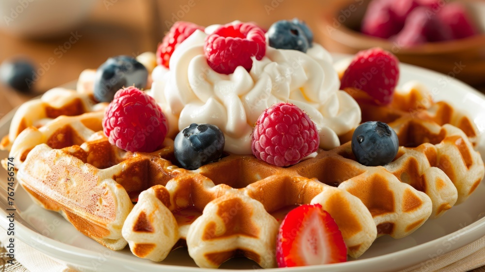 a plate of waffles topped with whipped cream, raspberries, blueberries, and strawberries. a plate of waffles topped with whipped cream, raspberries, blueberries, and strawberries.