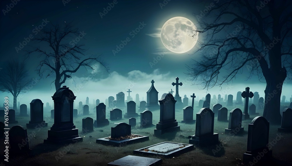Spooky cemetery landscape with old tombstones and fog. Full moon spooky horror landscape created with generative ai
