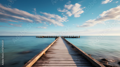 Mid shot of minimalist pier extending into lake