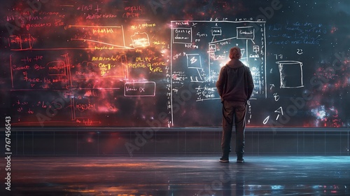 Mature intellectual solves profound physics equations on a blackboard, in a study adorned with age-old books, mirroring the pursuit of universal truths