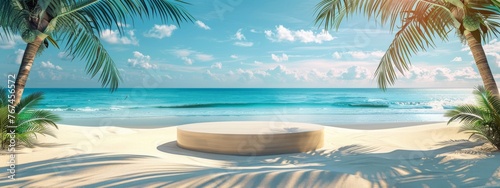 Beach podium summer background sand product 3D sea display platform. Beach podium summer banner stand scene sale sky holiday vacation stage water island sun travel pedestal promotion presentation ad.