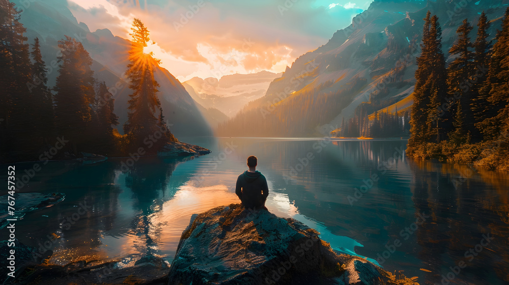Man Enjoying Sunset View on Rocks at Mountain Lake in Teal and Amber Style