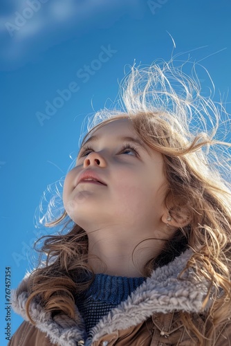 A young girl is looking up at the sky