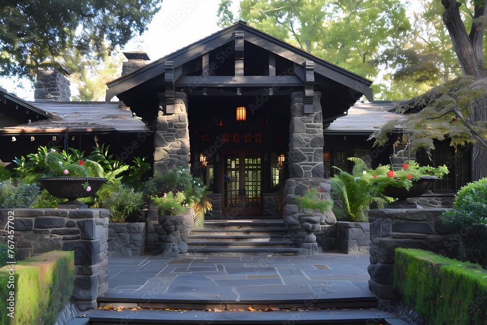 A craftsman house with a dark exterior, showcasing a well-designed entryway with intricate stonework.