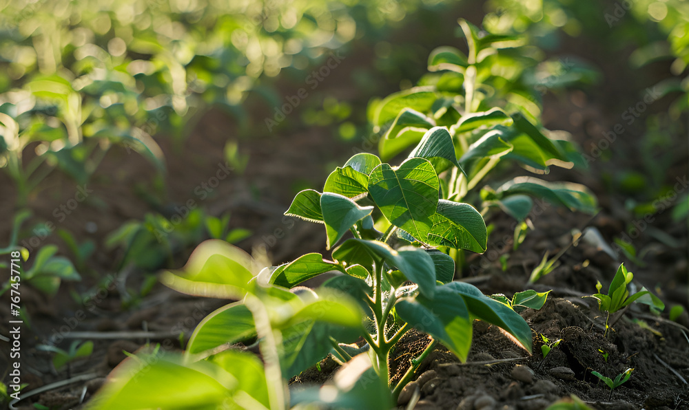 Green soybean plant closeup on a farm during the growing season. Rows of young soybean plants Green soybean plant closeup on a farm during the growing season. Rows of young soybean plants