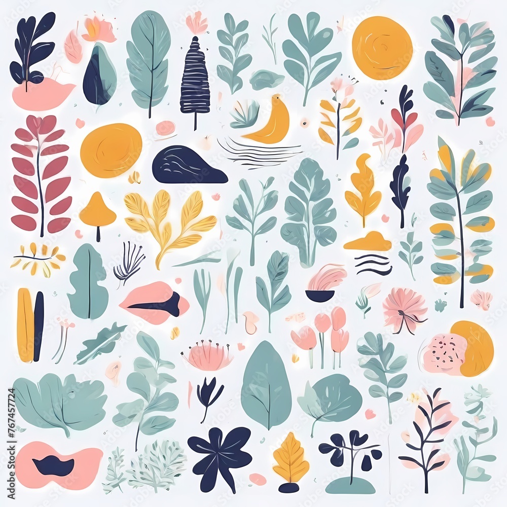 A collection of seamless pattern, colorful abstract plants and flowers. Hand drawn Collection of leaves and flowers. A close up of a pattern of flowers and leaves.
A collection of seamless pattern, colorful abstract plants and flowers. Hand drawn Collection of leaves and flowers. A close up of a pattern of flowers and leaves.