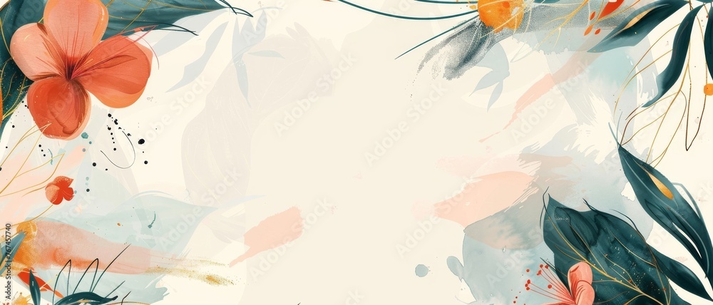 Luxury minimal style wallpaper with golden line art flower and botanical leaves. Watercolor background. Luxury minimal style wallpaper with golden line art flower and botanical leaves. Watercolor background.