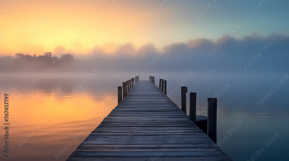 Obraz premium Wooden pier on the lake at dawn