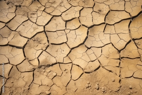 Detailed close-up of parched soil showing an intricate pattern of dry cracks, signifying drought and environmental stress. Close-Up of Cracked Dry Earth Texture