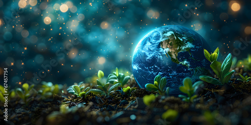 Carbon natural forest with earth, Net zero greenhouse gas emissions , Environment concept for net zero emissions Globe earth on green grass in forest with bokeh background.