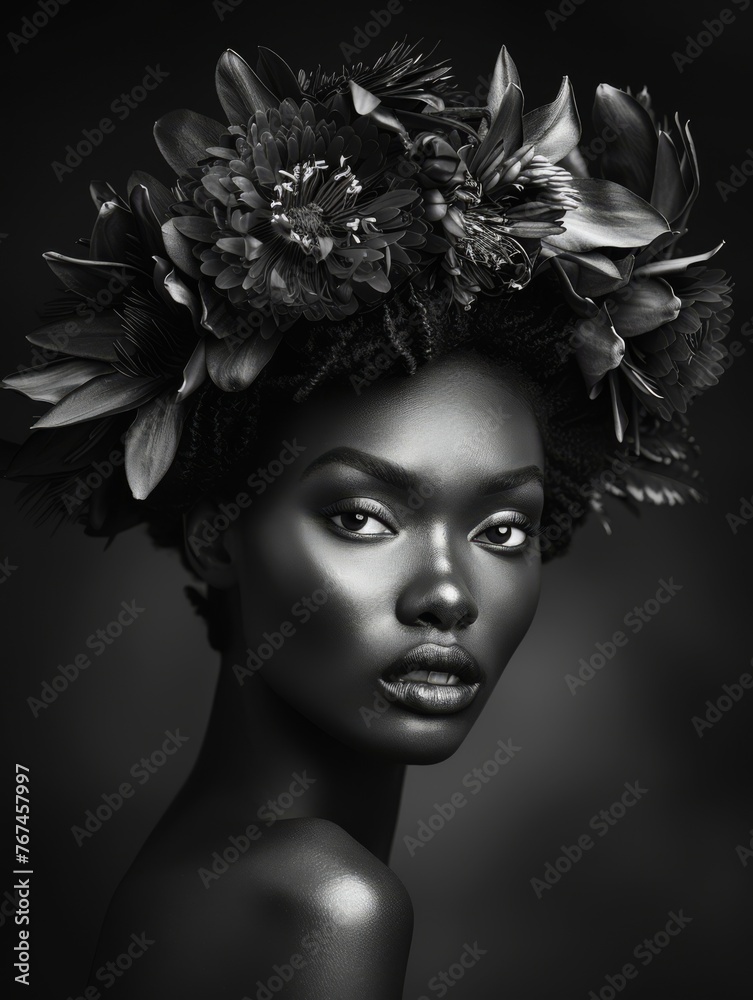 A woman with a flower crown on her head, beautiful african model with flowers and leaves i her hair.