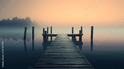 Wooden pier on the lake at dawn