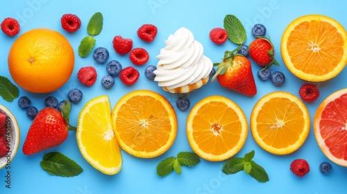  oranges, strawberries, blueberries, raspberries, lemons, and strawberries on a blue background.