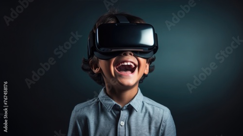 teenage, Boy with VR glasses play with a virtual videogame. online communication and training